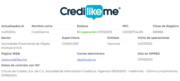 Captura de pantalla de registro en Condusef de Credilikeme
