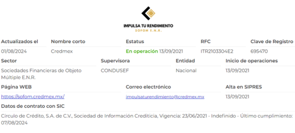 Captura de pantalla de registro en Condusef de Credmex