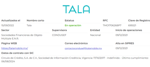 Captura de pantalla de registro en Condusef de Tala Mobile